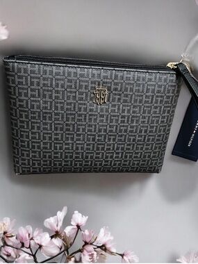 Tommy Hilfiger Black and Gold Monogram Wristlet Pouch